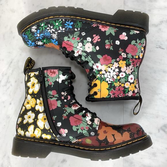 DR. MARTENS 1460J Floral Mash Up Leather Lace Up Boot Kids L5 M4 Black Punk EUC - Picture 4 of 10